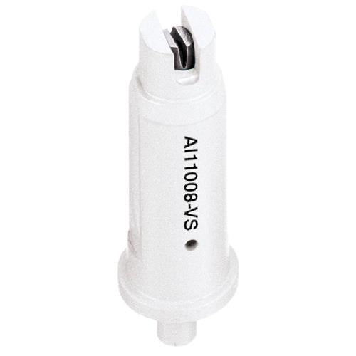 White cylindrical AI11008-VS replacement nozzle with a slotted metal tip and a flanged base for secure installation.