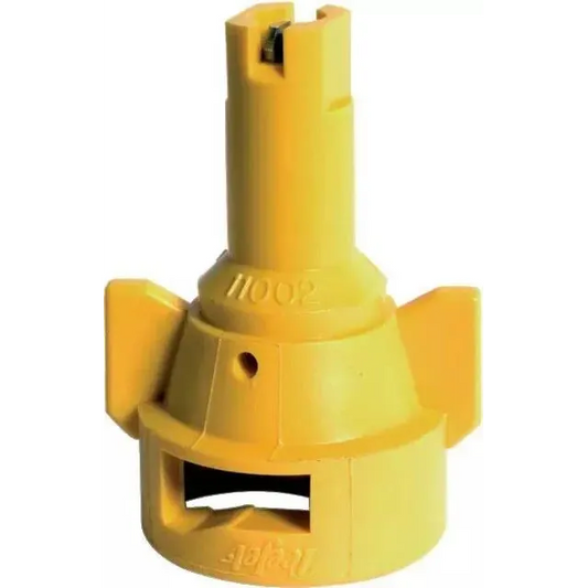 Yellow AIC11002-VS air induction spray nozzle with a durable plastic body and wide-angle fan tip design.