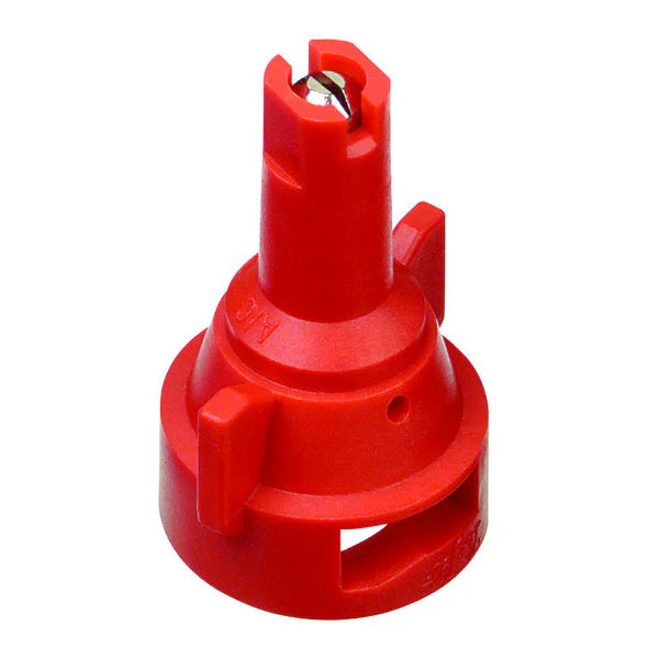 AIC11004-VS red plastic agricultural spray nozzle with a metallic tip and integrated mounting wings.