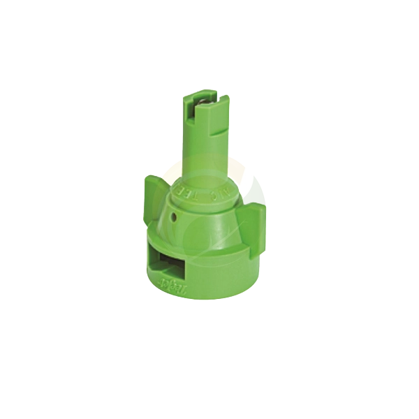 Green AIC11015-VS plastic air induction spray nozzle with a wide fan tip for agricultural crop spraying.