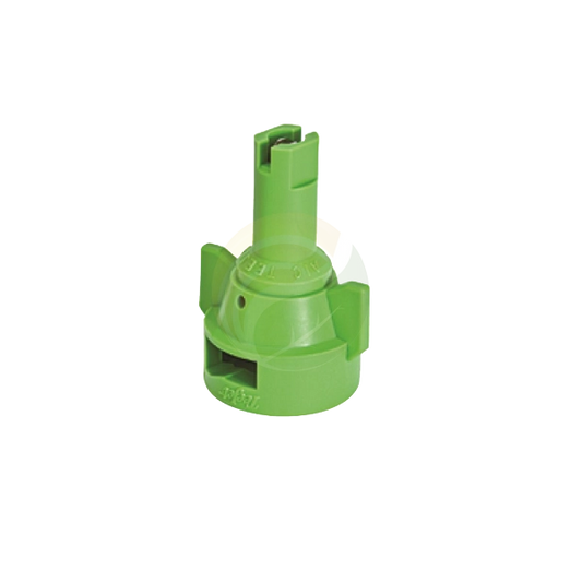 Green AIC11015-VS plastic air induction spray nozzle with a wide fan tip for agricultural crop spraying.