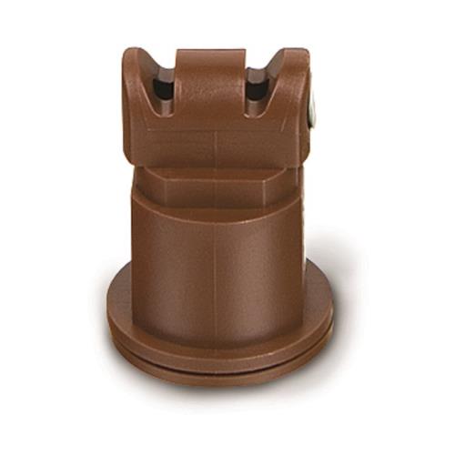 Brown plastic spray nozzle tip with a notched top design for agricultural or industrial fluid application.