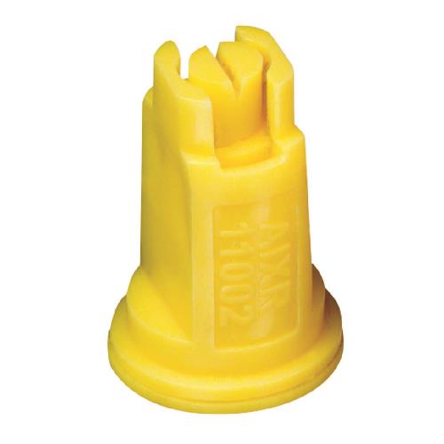 Yellow AIXR11002VP plastic air induction spray nozzle with a wide base and precision-engineered tip design.