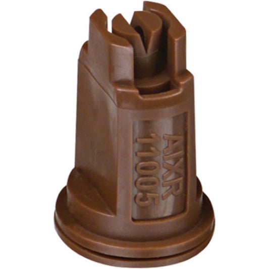 Brown AIXR11005VP plastic spray nozzle with a flat fan tip design and embossed model number on the side.