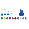 Blue AccuPulse APTJ-11010VP-CE spray nozzle with a row of colorful plastic nozzles for agricultural applications.