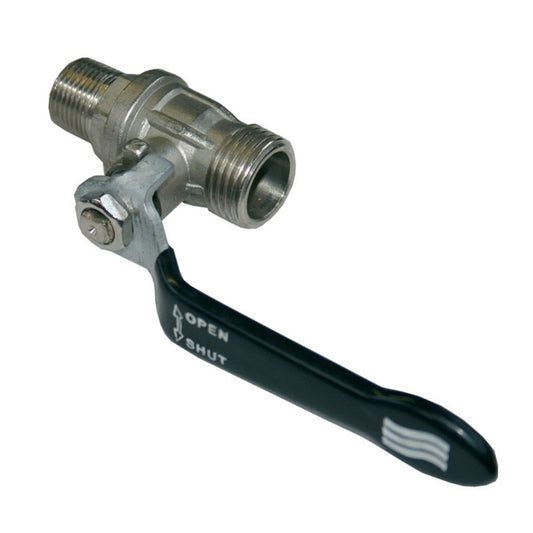 Stainless steel ball valve with a black lever handle marked with open and shut positions.