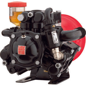 AR135BP-GR3/4 diaphragm pump in black with a red cap, oil reservoir, and integrated pressure control valve.