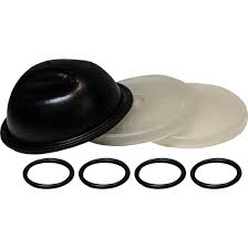 AR43291 repair kit featuring a black rubber diaphragm, two translucent plastic discs, and four black rubber O-rings.