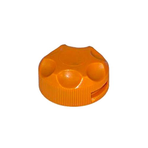 Round orange plastic adjustment knob with a ribbed grip and five-lobed ergonomic design for easy manual tightening.