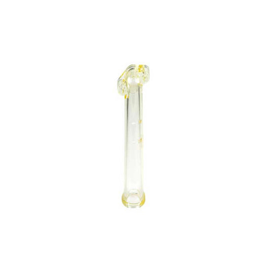 Clear glass dental suction tip with a yellow-tinted, curved top and cylindrical body for clinical use.