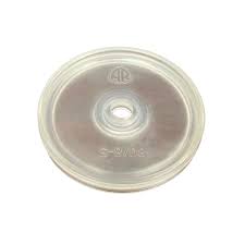 Clear circular AR800085 plastic valve diaphragm with a center hole and embossed markings on a white background.