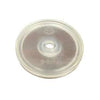 Clear circular AR800085 plastic valve diaphragm with a center hole and embossed markings on a white background.