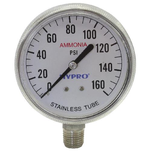 ASG160 Hypro ammonia pressure gauge with a white dial, black needle, and durable stainless steel tube construction.