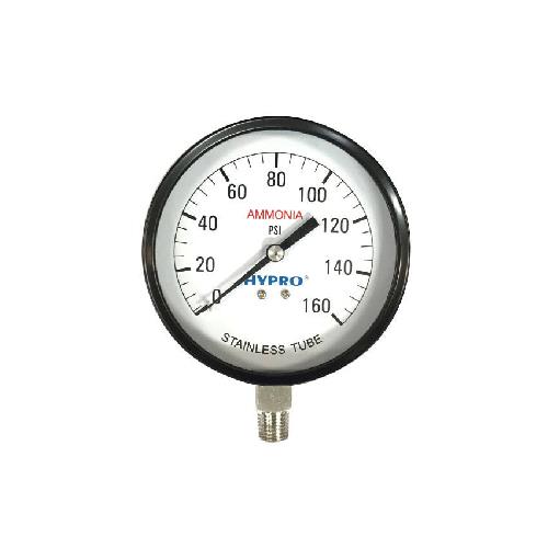 Hypro ASG1604 ammonia pressure gauge with a black steel case, white dial, and stainless steel tube connection.