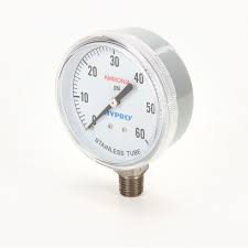 ASG60 stainless steel ammonia pressure gauge with a white dial, black needle, and 0-60 PSI range on a white background.