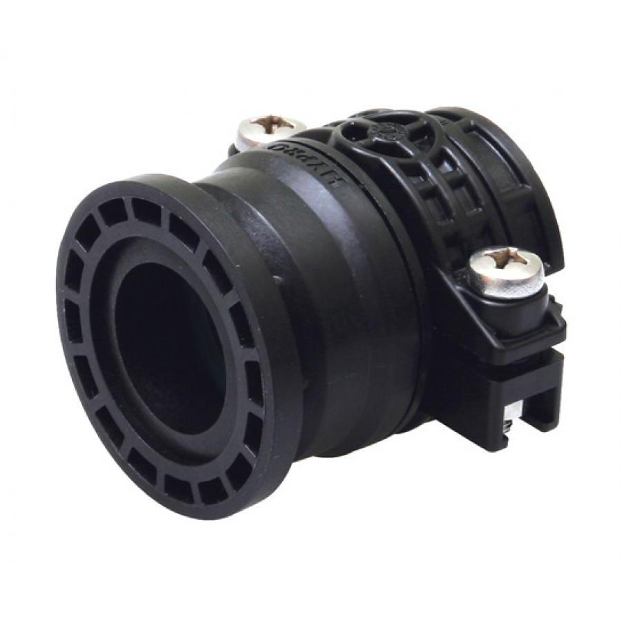Black plastic Hypro pipe fitting with a flanged end and metal screw-down clamp mechanism for secure connection.