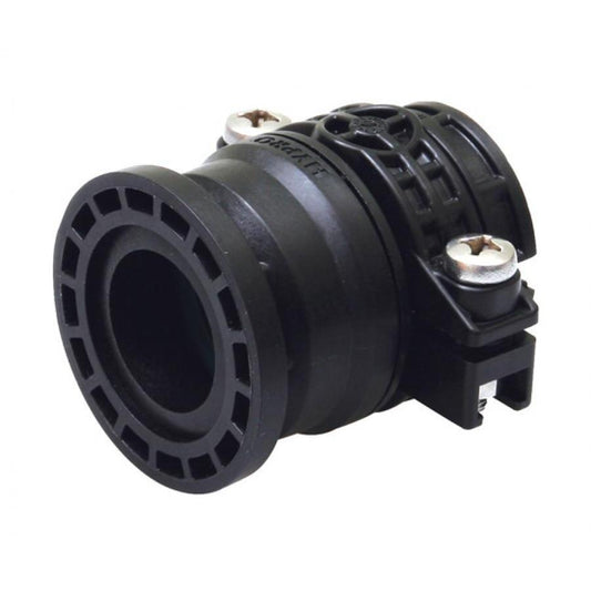 Black plastic Hypro pipe fitting with a flanged end and metal screw-down clamp mechanism for secure connection.