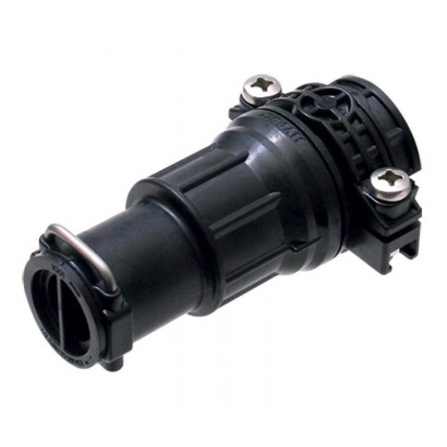 Black plastic BG-7433-3316 conduit connector with metal screws and a secure locking mechanism for industrial wiring.