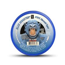 Blue Monster pipe thread tape in a round blue plastic container with a monster logo and 1/2 inch by 1429 inch label.
