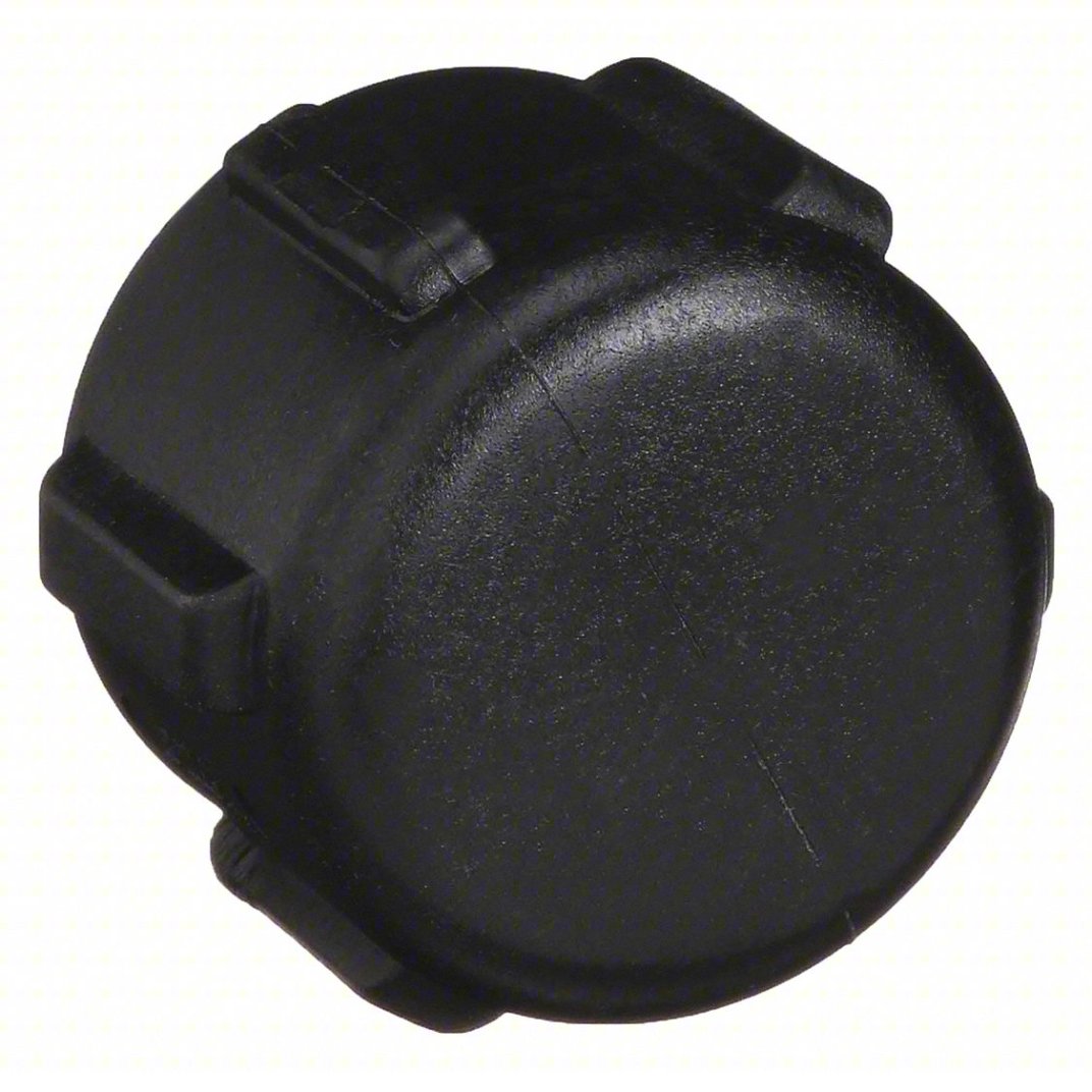 Black plastic CAP050 round end cap with a textured grip design for secure installation.