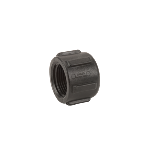 Black CAP100 threaded pipe cap made of durable plastic with a ribbed exterior for easy grip.
