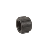 Black CAP100 threaded pipe cap made of durable plastic with a ribbed exterior for easy grip.