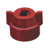 Red plastic CP114440A-3-CE nozzle cap with two side wings and a central mounting hole for industrial spray equipment.