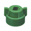 Green plastic spray nozzle cap with two side wings and a central locking mechanism for agricultural equipment.