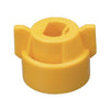 Yellow CP114440A-6-CE(XR) plastic nozzle cap with two side wings for easy grip and secure attachment.