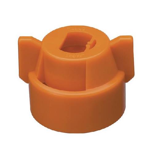 Orange plastic CP114440A-8-CE(XR) nozzle cap with two side wings and a circular center opening for spray equipment.