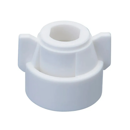 White plastic CP114442A-2-CE(SJ3) replacement knob with a central hexagonal hole and two side wing grips.