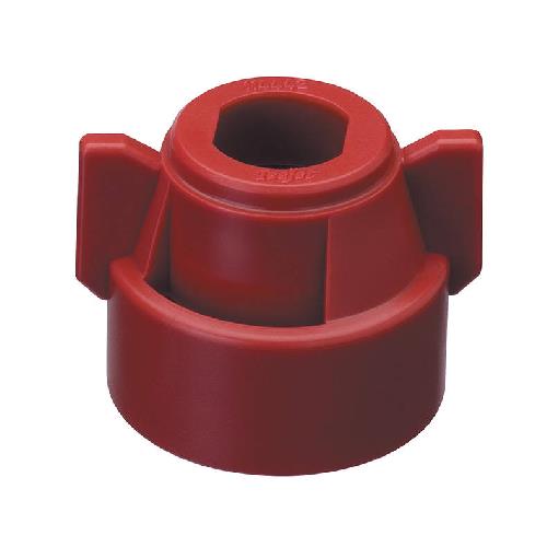 Red plastic CP114442A-3-CE nozzle cap with a hexagonal center opening and two side wings for easy manual tightening.
