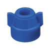 Blue plastic CP114442A-4-CE spray nozzle cap with a hexagonal center hole and two side wings for easy manual tightening.