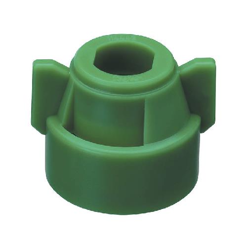 Green plastic CP114442A-5-CE nozzle cap with a central hexagonal opening and two side wing grips for easy manual tightening.