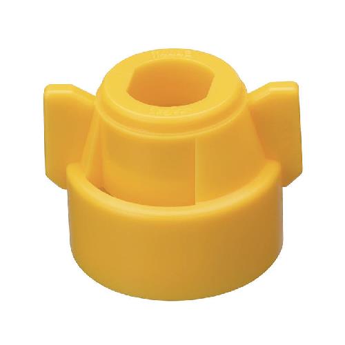 Bright yellow plastic nozzle cap with a central hexagonal opening and two side gripping wings for easy installation.