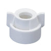 White round plastic wing nut connector with a central opening and two side grips for easy manual tightening.