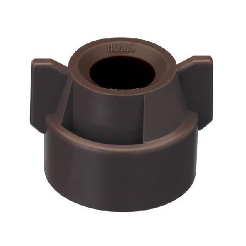 Brown round plastic knob with two side wings and embossed 114444 numbering on the top rim.