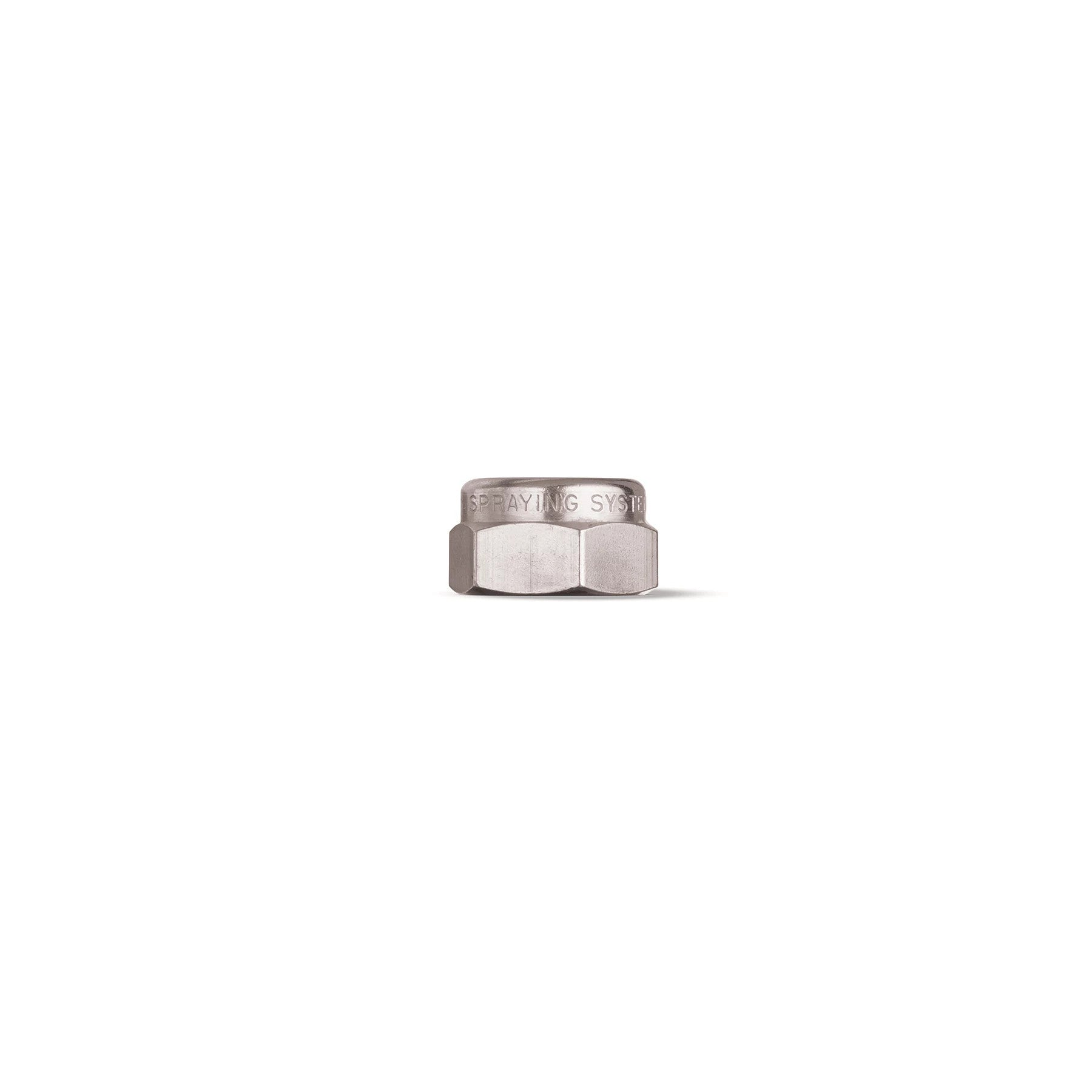 CP1325-SS stainless steel hexagonal cap nut with engraved Spraying Systems branding on a white background.