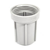 Grey plastic threaded pipe fitting with vertical ribs and Unscrew By Hand text, isolated on a white background.