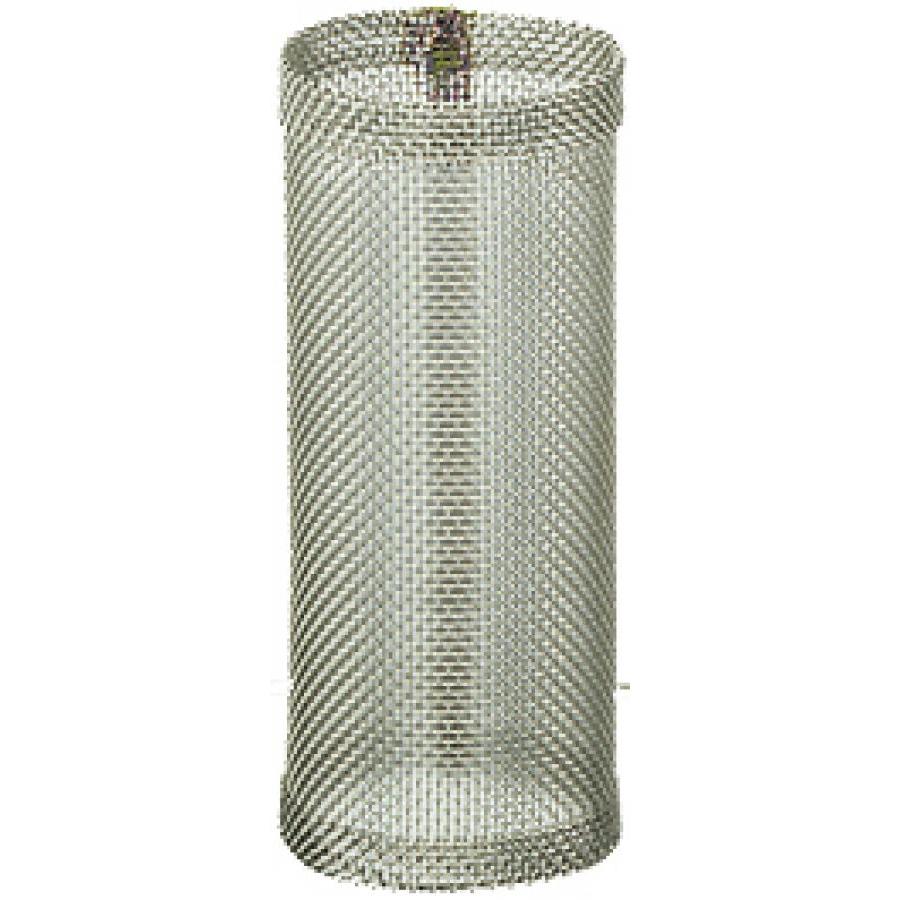 Cylindrical 304 stainless steel wire mesh filter element with a fine woven grid pattern and reinforced top rim.
