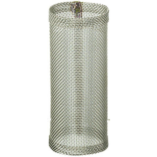 Cylindrical 304 stainless steel wire mesh filter element with a fine woven grid pattern and reinforced top rim.