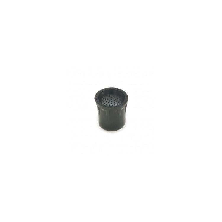 Black nylon 3.0mm nozzle tip with a perforated mesh screen insert for industrial spray applications.