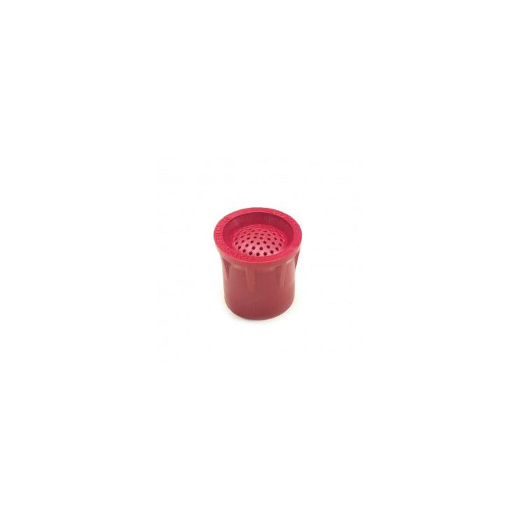 Red nylon spray nozzle cap with a perforated top, designed for precise agricultural or industrial fluid application.