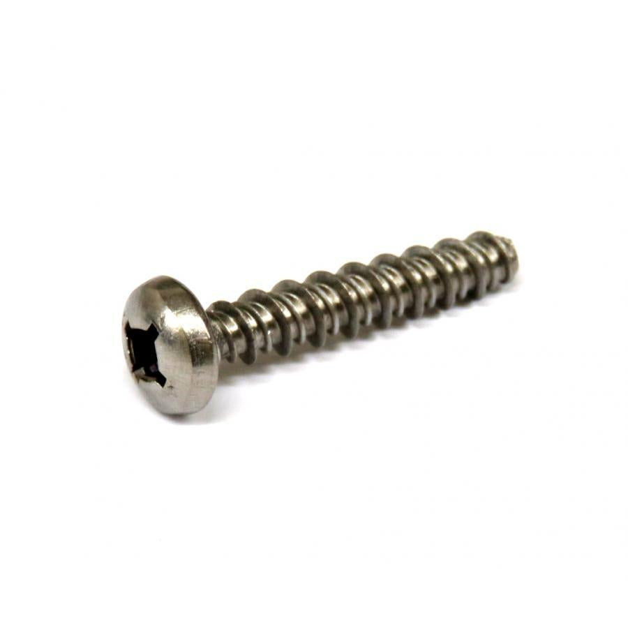 1-1/4 inch stainless steel pan head screw with a square drive recess on a white background.