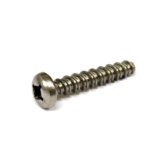1-1/4 inch stainless steel pan head screw with a square drive recess on a white background.