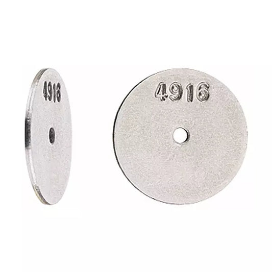 Round silver metal tag CP4916-29 with a center hole and embossed 4916 numbering, shown from front and side angles.