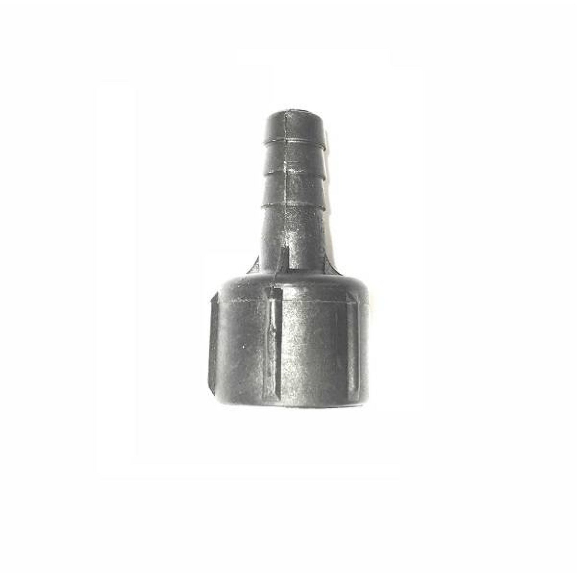 Black plastic hose barb adapter with a ribbed nozzle and threaded base for secure fluid connection.