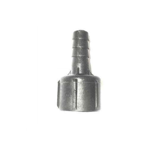 Black plastic hose barb adapter with a ribbed nozzle and threaded base for secure fluid connection.