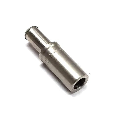 Stainless steel cylindrical hose barb fitting with a stepped design and smooth metallic finish on a white background.