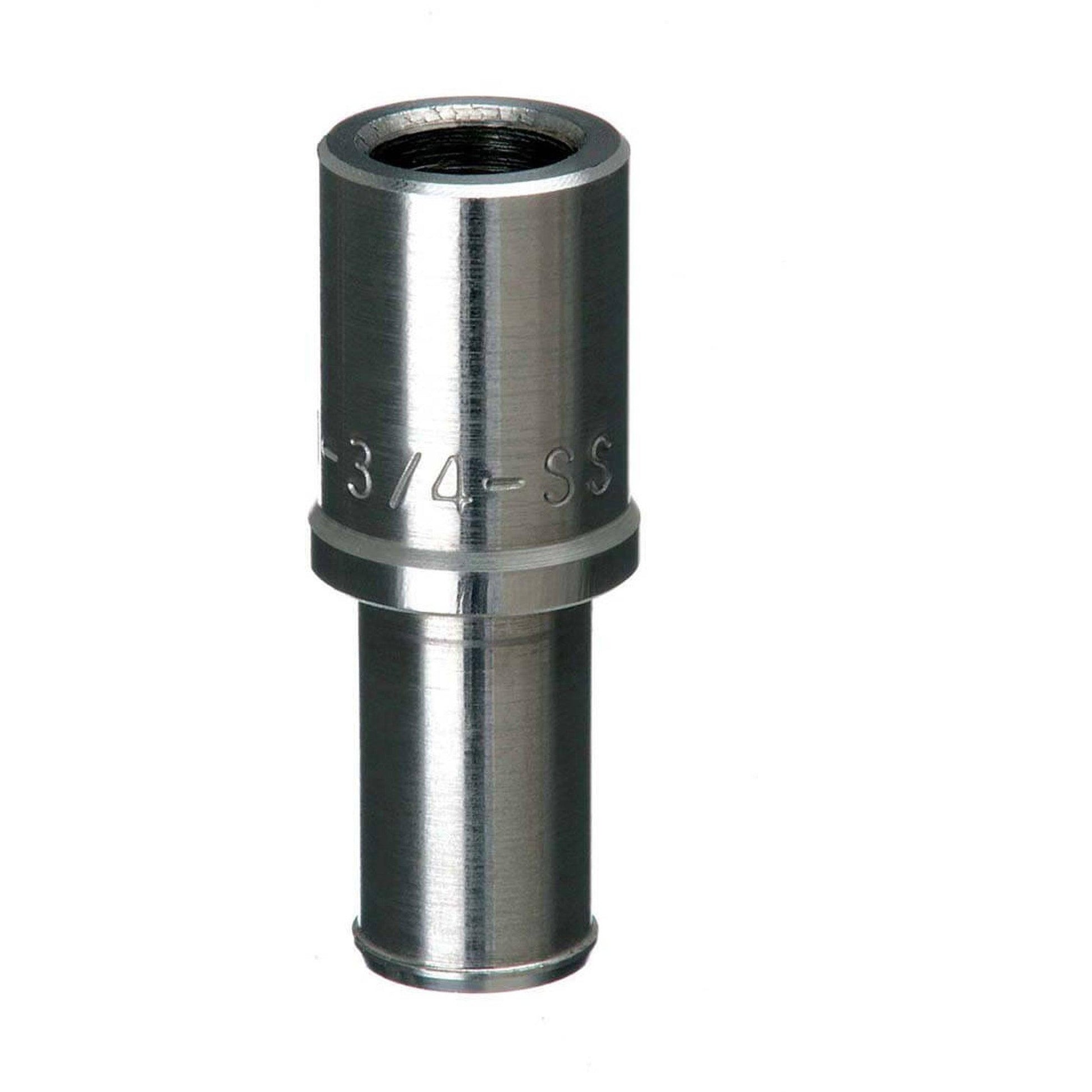 Stainless steel 3/4-inch pipe fitting with a cylindrical design and threaded interior on a white background.